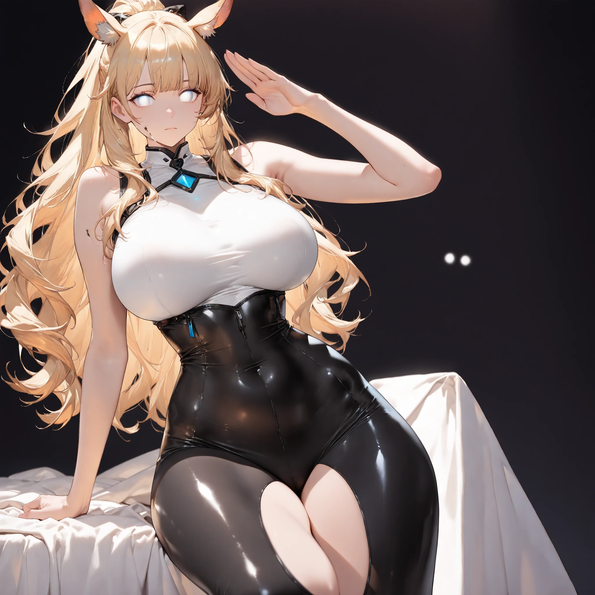 Female, blonde hair, fox ears, fox tail, blue eyes, glasses, black bunny latex suit, pregnant, pregnant belly, big pregnant belly