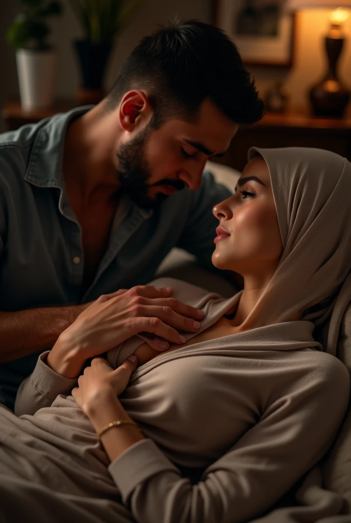 beautiful woman wearing white hijab naked on the sofa and 1 man in a sitting position hugging the woman with her legs wide open and the man holding the vagina and holding the woman&#39;s chest