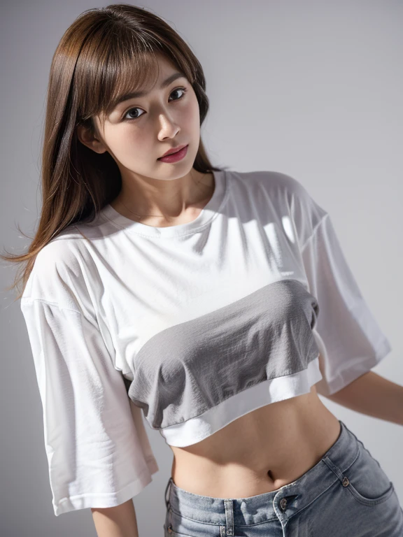(Original photo: 1.2), (Realistic: 1.4), (Masterpiece: 1.3), (Best quality: 1.4), Dreamy, (detailed eyes), (detailed facial features), (detailed clothing features), Skin tightness, (Shiny skin), (Japanese face), (Perfect Girl), 1 Girl, Solo, Cute, Bangs, Short brown hair, Black eyes, (Big breasts), ((Shirt)), Dynamic pose, (Kodak Film Color) ((Camera not visible)) , (Studio Light) ,(crop top:1.3)