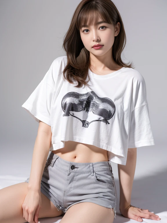 ((Perfect Anatomy:1.3)、(Complete Hand:1.3)、(face it head on)、Realistic、RAW Photos、Tabletop、highest quality、High resolution、Delicate and beautiful、Perfect Face、Beautiful details、Fair skin、Real human skin、pores、((Thin legs))、(Black Hair):1.2), 8k, Standing half-length 12-year-old girl, 85mm,公式AR RAW Photos, Super slim slender beautiful girl、Plain white short sleeve T-shirt、Full lower body nudity、stand with your legs apart、Show me your ears、