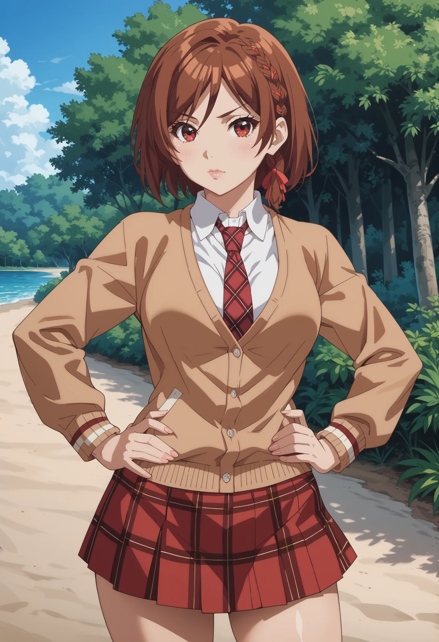 akane sakuramori, long hair, brown hair, red eyes, braid, hair ribbon, , glossy lips ,anime screencap, wide , thighs, beach, wide , thighs, in the park, skirt, shirt, long sleeves, school uniform, necktie, collared shirt, plaid, red skirt, cardigan, red necktie, brown cardigan, plaid necktie, yellow cardigan, cowboy shot ,closed mouth, hands on