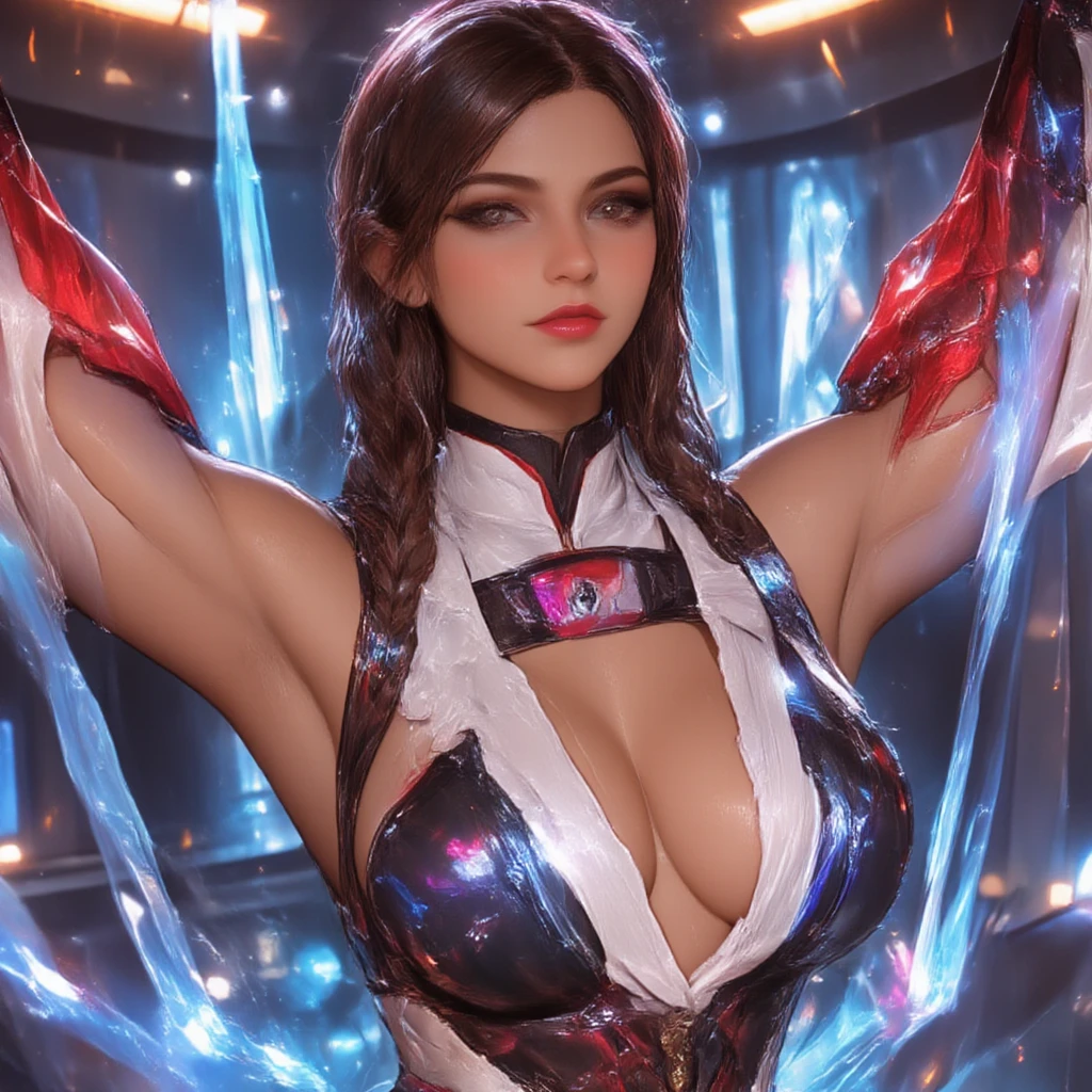 beauty,(Full body close-up),solitary,(Nice white hairstyle,Mecha Phoenix Helmet), (Huge fake breasts,cleavage top,Muscle Abs:1.5), ((Wear a futuristic mech mini bikini sparkling in amethyst:1.5,Purple pattern high heels)),(Muscular perfect body mature woman:1.5), (Sweaty body:1.5), (looking at the audience:1.6),(Future space station background:1), (realism:1.4), (Super detailed), (Top quality), (The best shadow), (masterpiece), brightly lit indoors, Super texture, (4X Multi-Anti-Aliasing), ((Unreal Engine 5 Rendering)), Physically Based Rendering, Ultra high quality, 16K, 1080P.