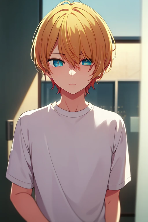 boy, slim, Cute, bright eyes, Short blond hair, in your bedroom, looks at the viewer, shy, chest