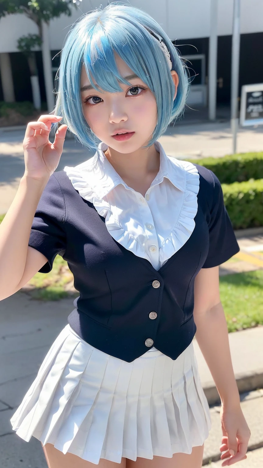 masterpiece, realistic, 2d, ryo yamada, blue hair, medium hair, yellow eyes, hair clips, wear white uniform, black skirt, pleated skirt, black neck ribbon, standing, studio music background, indoor
