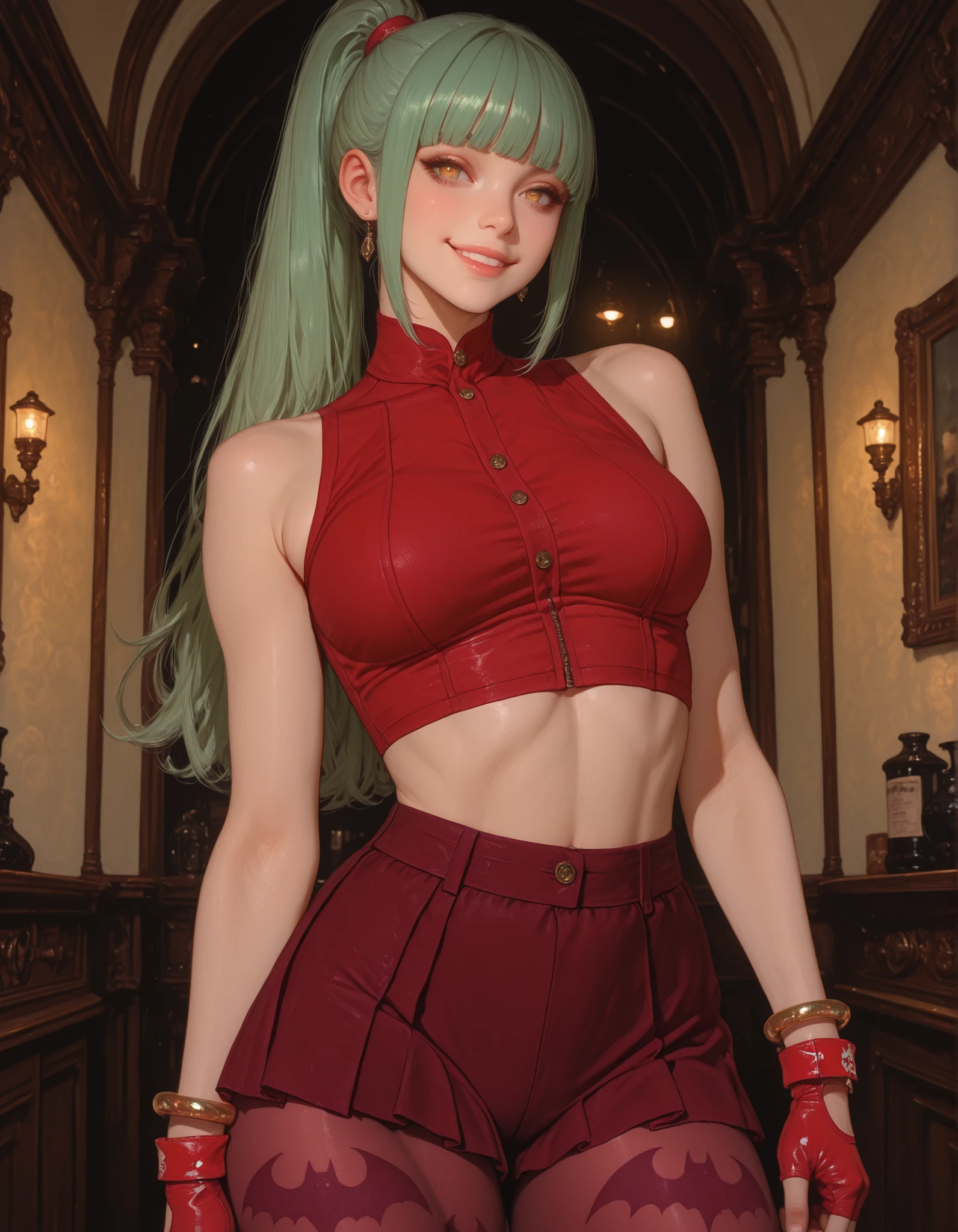 masterpiece, best quality, amazing quality, very aesthetic, absurdres, newest, (scenery, volumetric lighting), oil painting realism, Painterly digital illustration with high detail and texture layering, 1girl, solo, MORMVCIALT, green hair, blunt bangs, yellow eyes, high ponytail, red crop top, sleeveless, bangle,fingerless gloves, red pencil skirt, pantyhose, bat print, cowboy shot, smile, victorian background, looking at viewer, thighs, indoors, legs