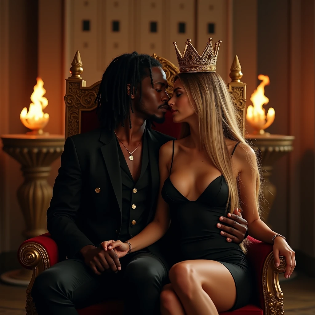 3D Light Skinned Couple, In The Shower Background, Male Braids, Female Long Black Hair, Gold Crowns, Gold Chains That Say King And Queen, Male, Tattoos, Female Pajamas, Both Blowing Smoke Into Each Other Mouth, Hennessy, Hyper Realistic