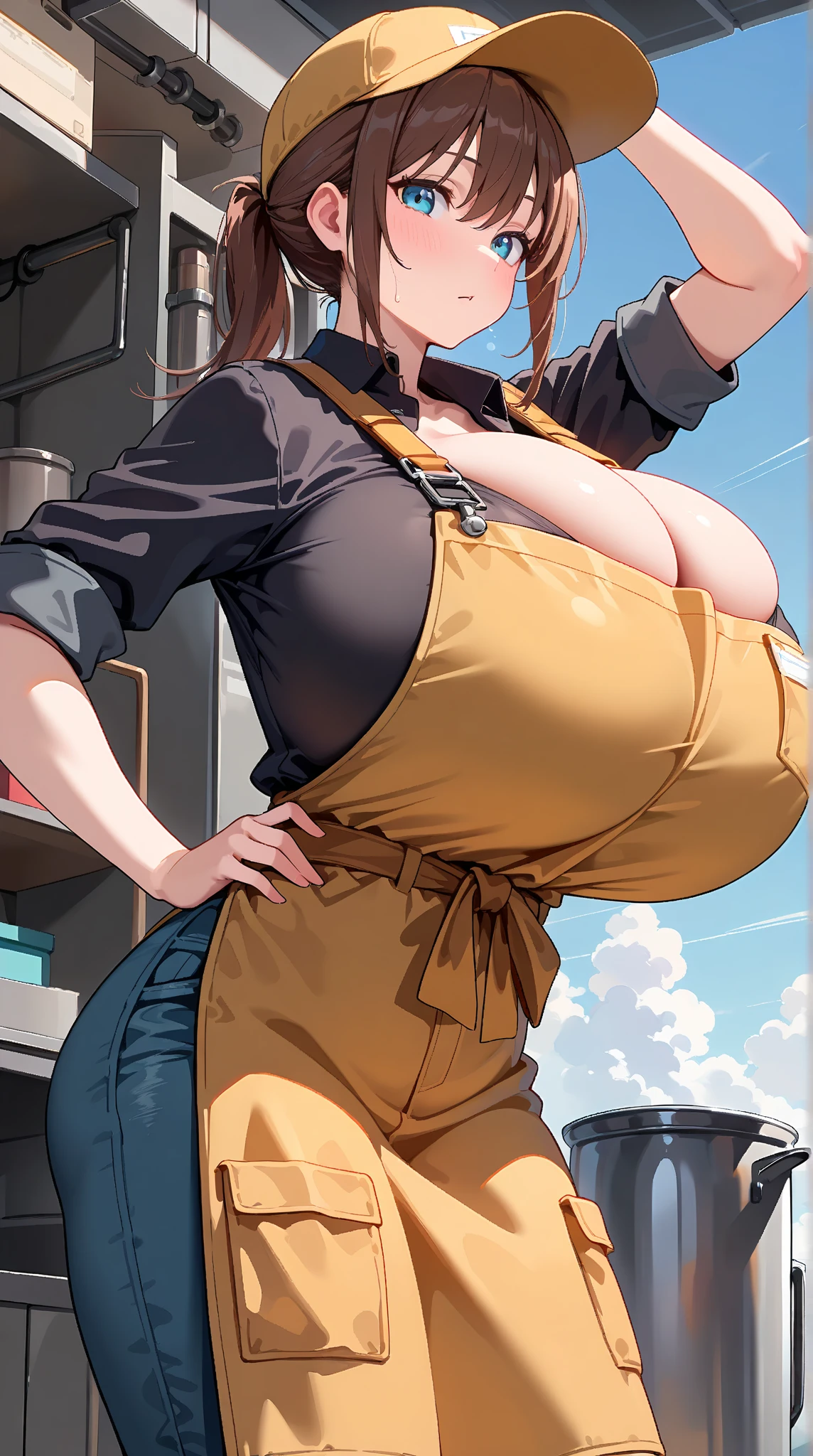 (masterpiece, detailed, realistic:1.3), american woman, (teenager, young), detailed face, beautiful face, (gigantic breasts:1.9), (bursting breasts:1.4), (pleased expression:1.3), thin, slender, dungarees, barrister blonde braided hair, confident, open smile, customers staring, coffee shop, green baseball cap