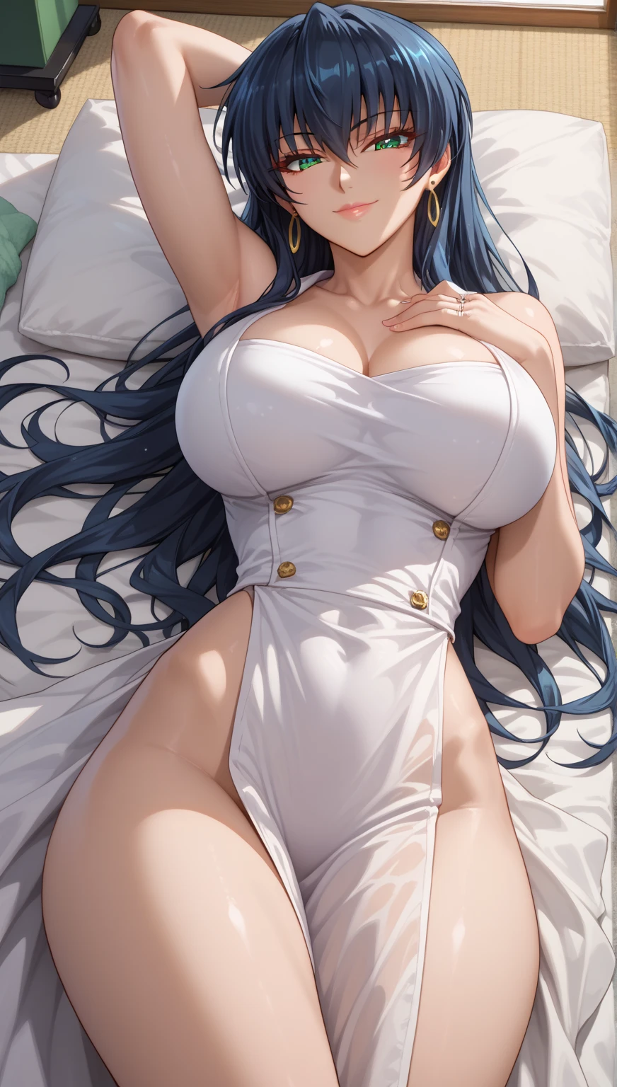 One Girl (masterpiece, round_iris, very crisp crystalline shiny blue eye, perfection_???????, very_Charm_Hypnotic_mysterious_eye, ) perfection face, Long silvery hair, A blushing, embarrassed smile, Big Breasts, Open T-shirt、 Sleeping and waking up、 Dynamic pose, Vibrant colors, Highest quality, 4K