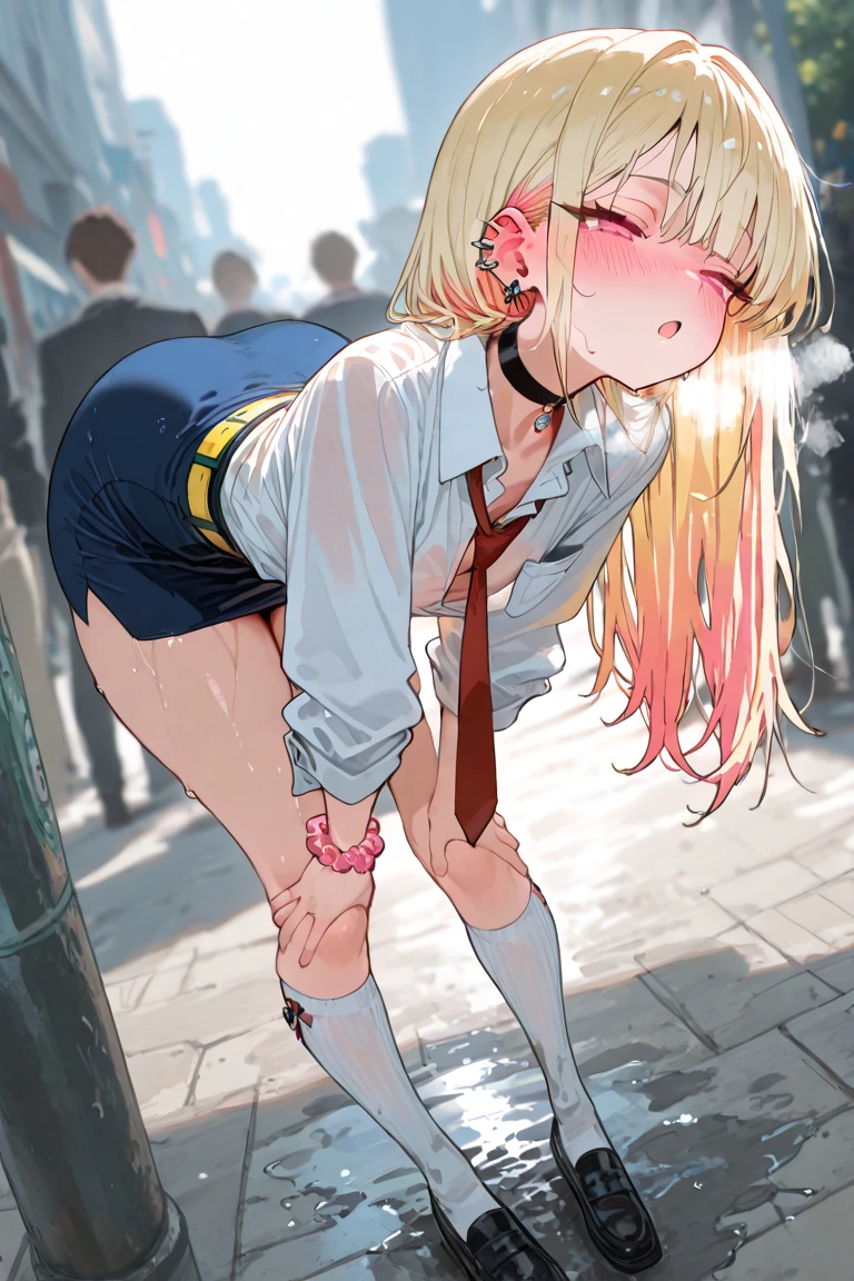 Himiko Toga receiving a masturbation in the subway (whole body) wearing black skirt, black fishnet tights