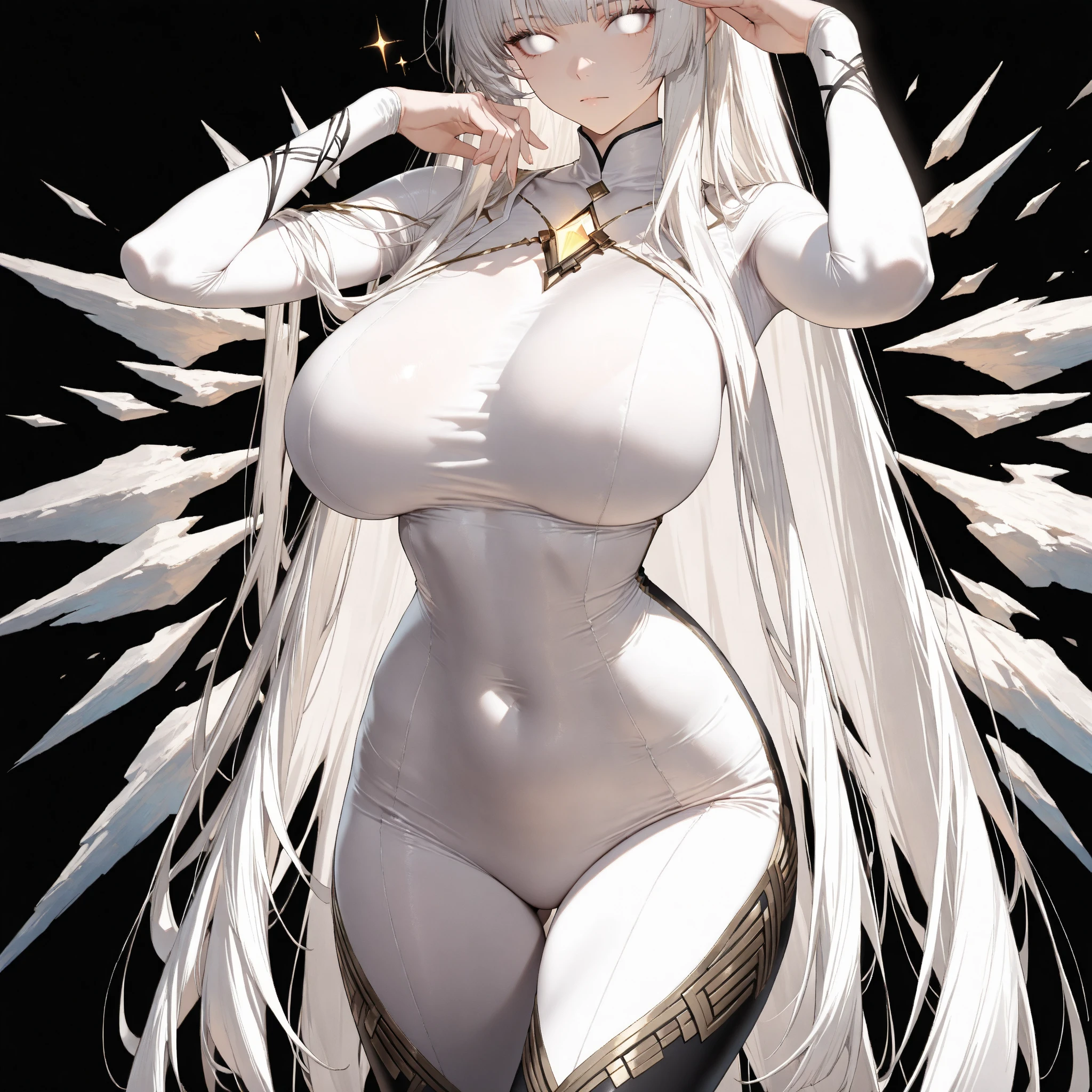 top-quality、realistic touch,high-detail、photoRealstic、thin-waist、captive beauty、solid platinum-blonde eyelashes、platinum-blonde、full body Esbian、cheeks flushed、thin-waist、In a white room、She is in estrus、Sleeveless、Bodysuit with minimal fabric area、Colossal tits、big butts、Angle from below、sexy pose、camel toe