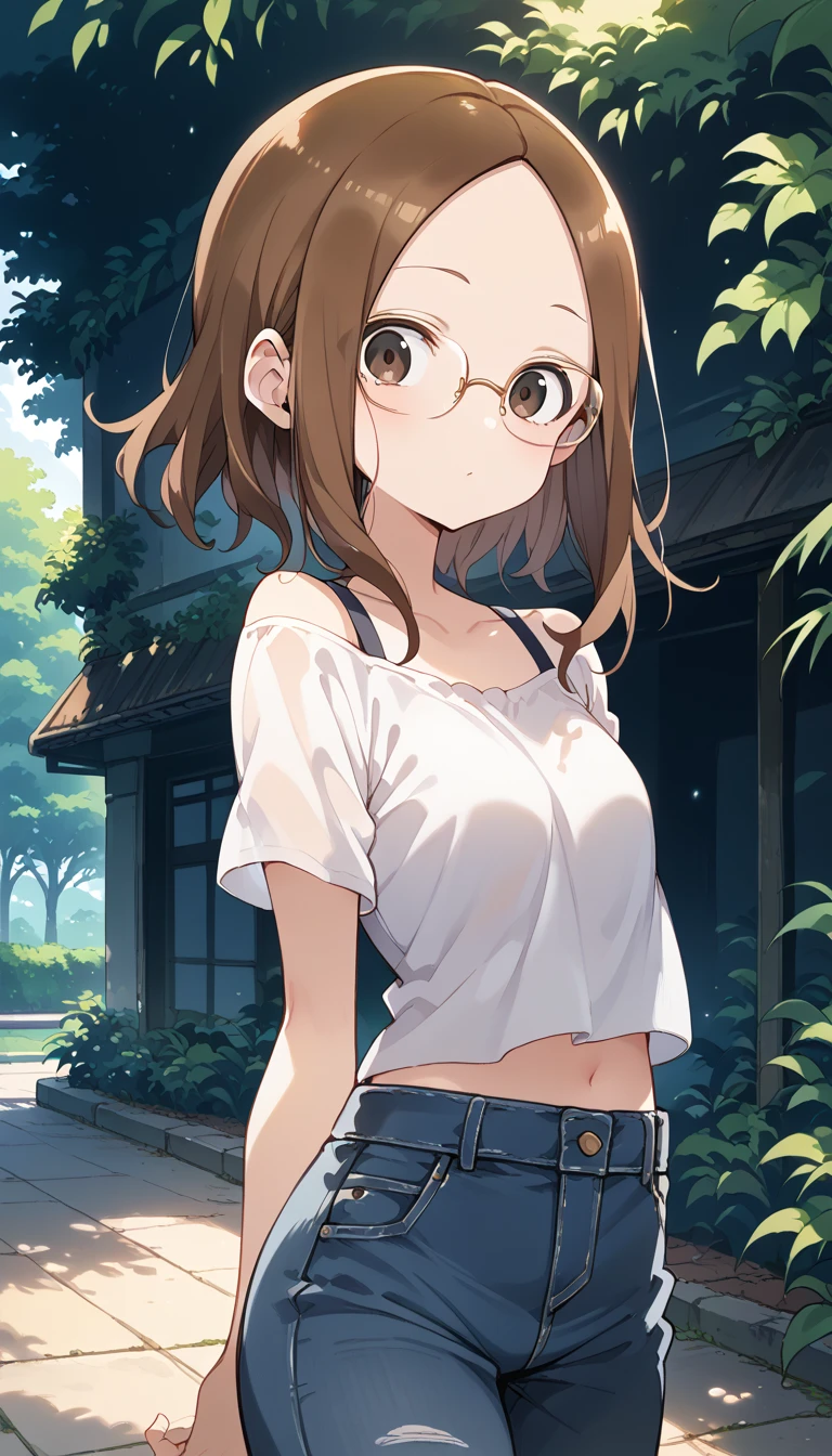 Irohaisshiki, isshiki iroha, Short Hair, Brown Hair, (Brown eyes:1.5), blush,ponytail,Squint both eyes,blush,Black-rimmed glasses,
happy smile, smile, Open your mouth,Cold Shoulder Shirt,Short sleeve skinny jeans,Stiletto heels,Daytime,Clear skies,Are standing,Put your right hand on your hip,whole bodyがイラストに入るように,Looking up from bottom to top,
break outdoors, School,courtyard,
break looking at viewer,whole body,
break (masterpiece:1.2), Highest quality, High resolution, unity 8k wallpaper, (figure:0.8), (Beautiful attention to detail:1.6), Highly detailed face, Perfect lighting, Highly detailed CG, (Perfect hands, Perfect ???????),
