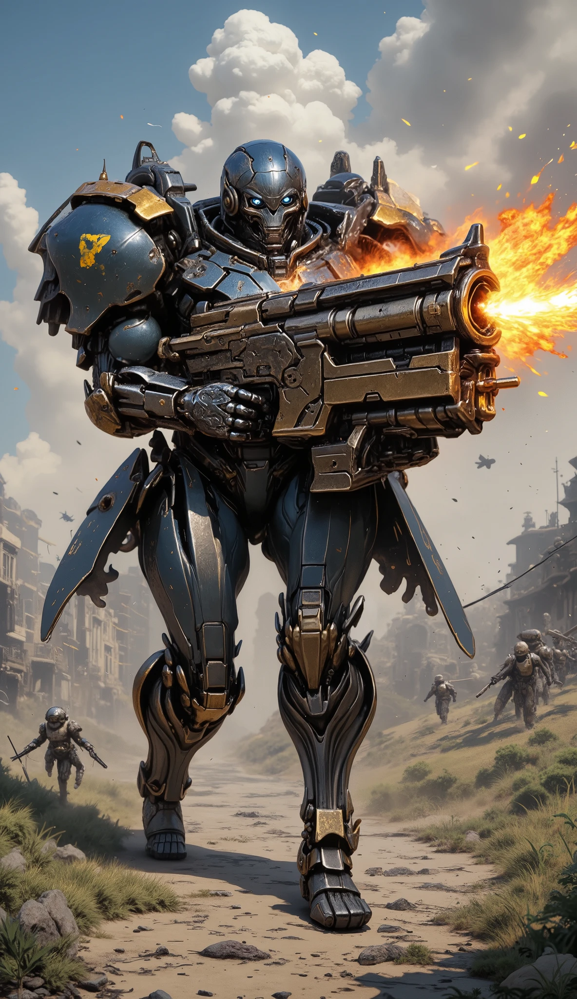 A huge massacre weapon consisting of a Colt-type pistol base and a caterpillar tank attached to it runs across the battlefield, spraying fire from its muzzle.、Explosion and destruction、Blow away enemy camp、Pistol-type armored vehicle、