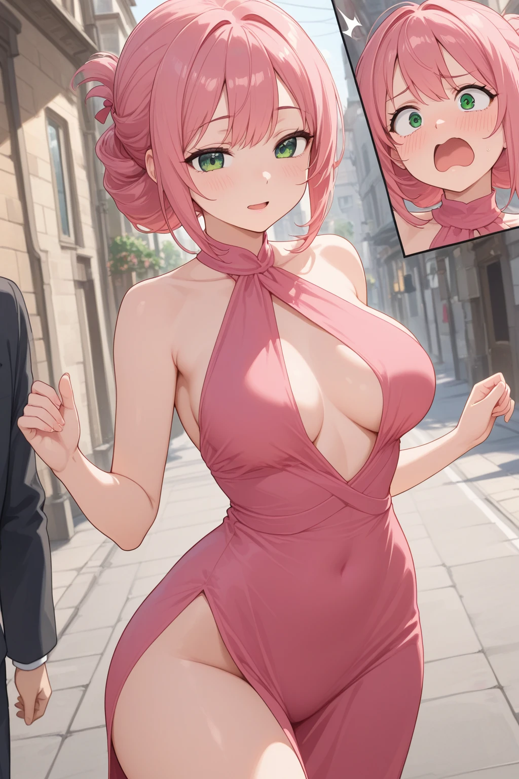 In town、Prostitute、Brothel、Beckon、evening、Pink haired woman