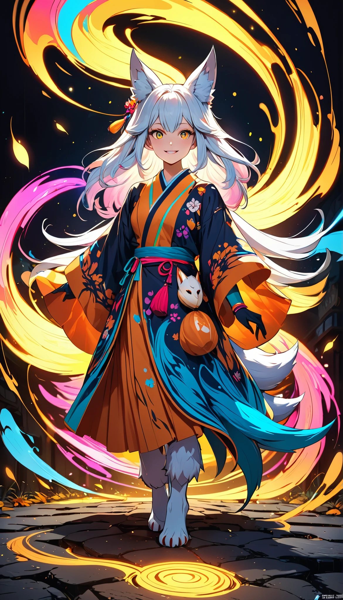 A Fuchsgeist that has walked an incredibly long way and left footprints, Focus on long-lasting footprints, anthropomorphized kitsune (Fuchsgeist) mascot with big expressive eyes and a cheerful expression, The kitsune should be playful and inviting, dressed in bright colorful clothes, The character travels in a dark world and leaves behind a glowing trace, that illuminates her path, Use vivid colors and a pop art style, to highlight the character, The dark background should be bright and glowing Highlight paths, Stelle sicher, that the entire scene looks lively and playful and accentuates the charm of Kitsune and the magical atmosphere, created by his glowing trail, Aktionsmalerei, super detail, best quality, hohe Details, Ultra-HD, Retina, Meisterwerk, Genau, award-winning, high resolution, 16k
