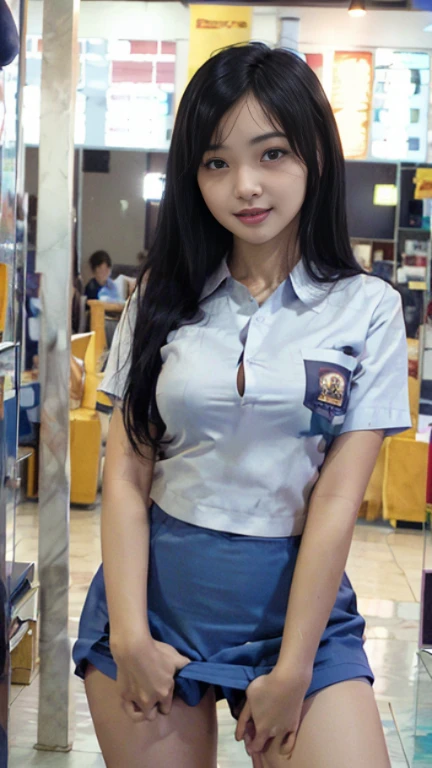 realistic, extremely detailed, 8k, trending on ArtStation, Intricate, High Detail, Sharp focus, cute high school girl, beautiful, standing, indohighschool uniform, black wavy hair, school hallway, cute, photorealistic, full body, detailed, high quality, wearing panties, bottomless