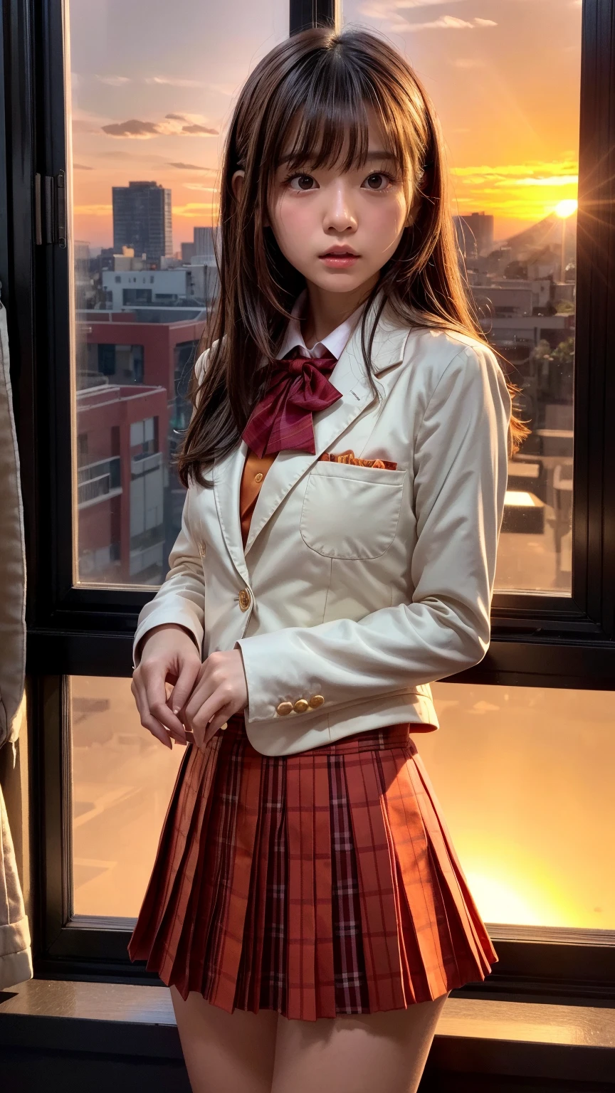 (Girl standing on stairs in park),top quality work,Real work,Ultra premium graphics,8K HD CG Works,high quality graphics,High-definition CG works,10x pixels,super fine details:1.1,Advanced technical details:1.1Photo-realistic,indoor lighting effects:1.5,Natural light:1.5. light effect(virtual light effect:1.8),超A high resolution,shiny red dress,長いsilver hair,silver hair,transparent hair,high detail hair(premium hair detail:1.1)clear eyes,beautiful double eyelids,sharp eye makeup, delicate eyelash makeup, thin eyebrows, highly detailed eyes,high nose, nice red lips, rose cheeks, A face with delicate makeup , cute face, perfectly proportioned face,(Advanced facial details:1.1),shiny,Wonderful dress,bright red series,(white blazer) 、(white blouse)、(red bow tie)、(checked skirt)、、girls 、photo shoot,woman'artwork of,full body figure,realism,wonderful,My eyes are shining today