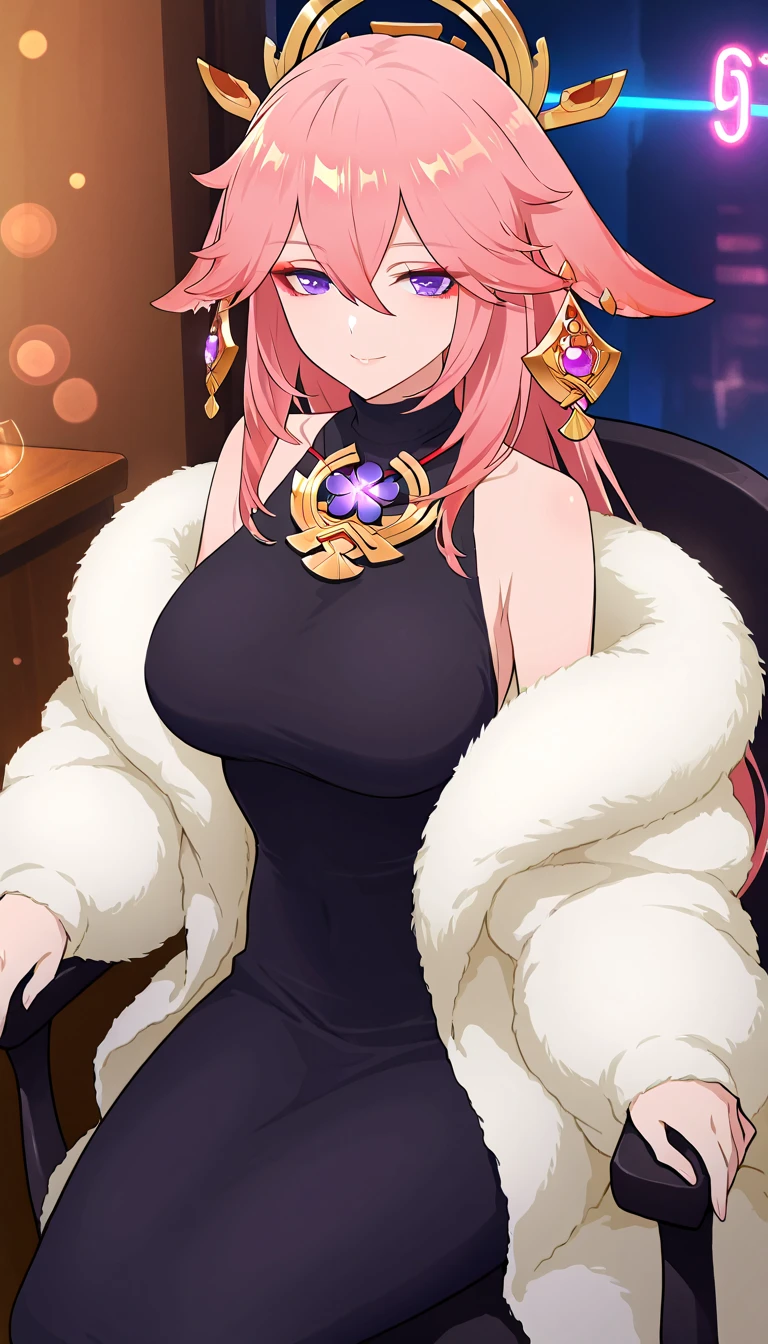 girl, sexy big breasts, wide, pink fur, pink eyes, with exotic clothes