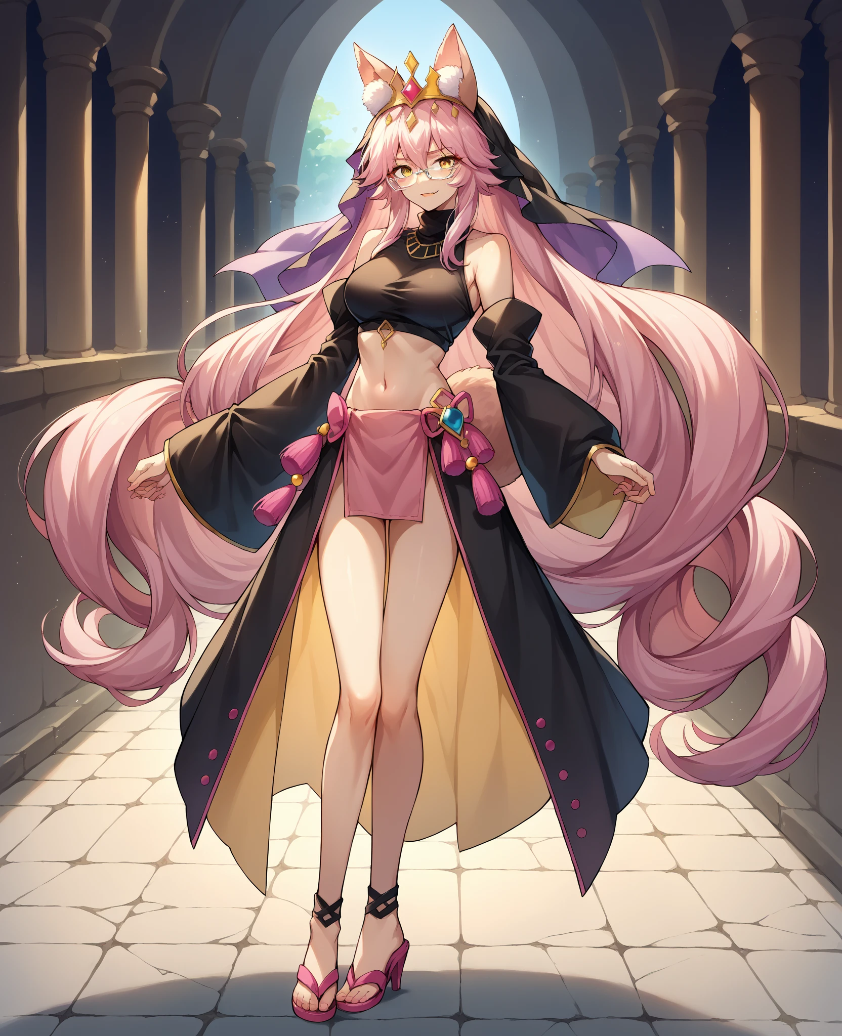 female, silver messy long hair, red eyes, tanned skin, (((1girl))), (((black sleeveless regal dress with pink trim))), (black opera gloves), (pink stockings), (black knee high heeled boots), (gold ornate crown), cute and sexy, full body, big breasts, long legs, smiling, cleavage