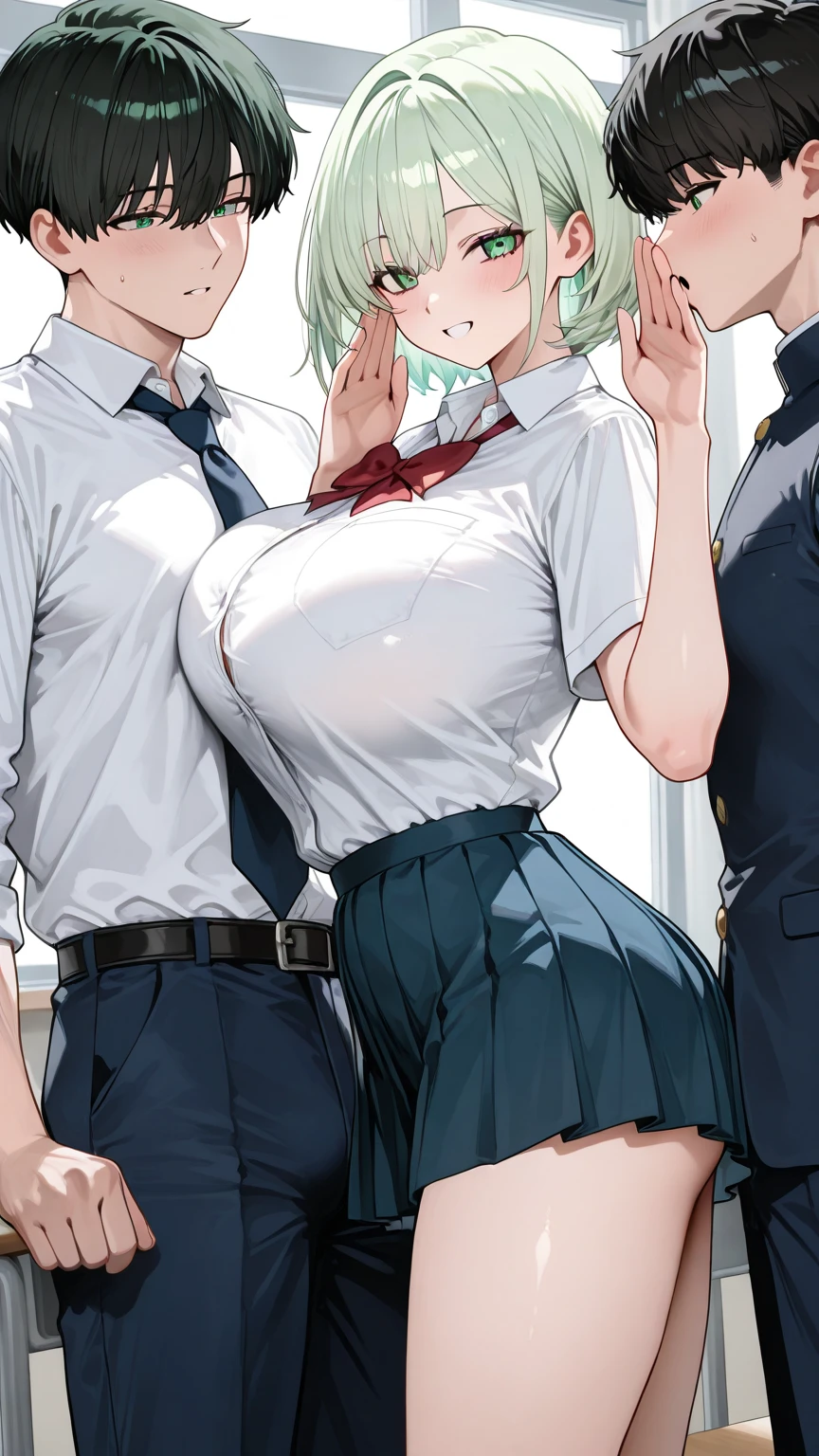 (Best quality, 8K, Masterpiece:1.3, 1 girl, Beautiful girl), Cute, Dynamism, Detailed face, Detailed skin, Detailed eyes, Detailed lips, Detailed fingers, Detailed mouth, Photorealistic, Raw photo, highres, Natural lighting, dynamic pose, perfect anatomy, toned legs, round eyes, double eyelid, tareme, moist lips, wet clothes, spreading legs, sweaty, (peeing), drooling, half closed eyes, ((A bunch of men are grabbing her breasts, multiple hand)), men are grabbing her thighs, man is touching her crotch, crowds, excited men, school uniforms, buttoned white shirt, pleated skirt, (ahegao:1.5), camel toe, steam:1.5, ecstatic face, sticking tongue out, skirt lift, on the messy subway, cum in vaginas, thighhighs, lace panties, cowboy shot, shape of nipple, (vibrator in thighhighs), green hair, wavy ponytail, night, arms up