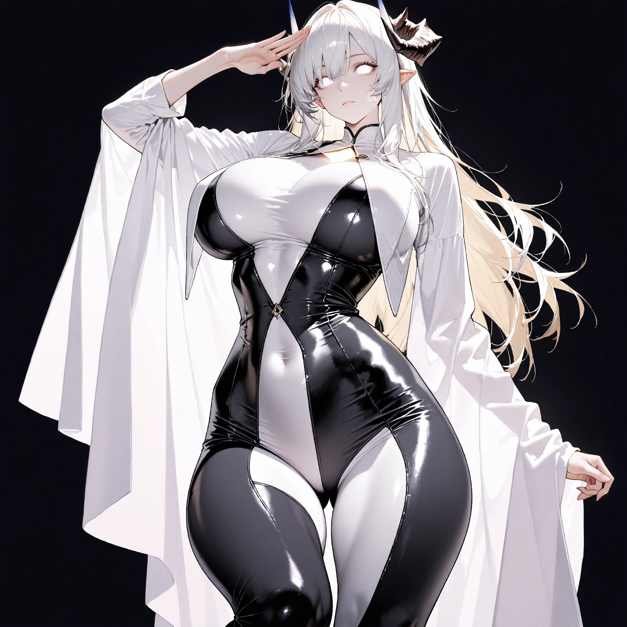 best quality, highres, masterpiece, monochrome, spot color, 1 girl, yellow eyes, white hair, short hair, hollow eyes, glowing eyes, etailed face, shiny skin, vibrant colors, intense lighting,chinese bun black short hair,bun cover,china dress, long dress,tight mini skirt, gold decoration dress, sleeveless, ultra detailed dress,cleavage, cleavage cutout, clothing cutout,