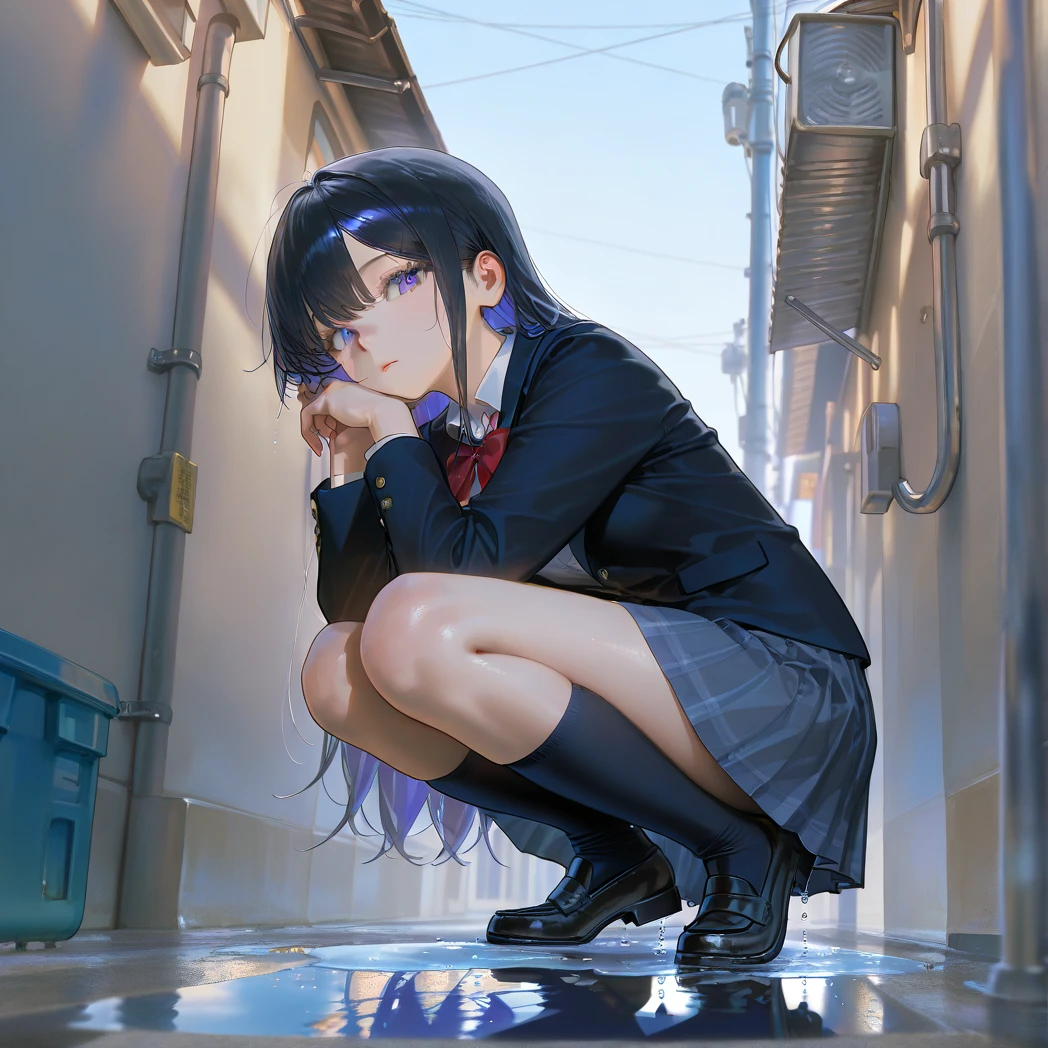detailed eyes, detailed eye, detailed face, UHD, retina, ccurate, anatomically correct, textured skin, super detail, award winning, highres, best aesthetic, ultra high res, distinct, ultra detailed, best quality, high quality, ultra quality, 16k, high details, high resolution, detailed, masterpiece, beautiful, detailed skin, （full body）, （1 cuntboy）, black hair with Cyan Locks of hair, two hair buns,long bangs , cute hair accessories, black hair with Cyan locks of hair in a two hair buns with a long bangs , Indigo left eye, yellow right eye, two different eyes colour indigo on the left yellow on the right , sleepy eyes, double eyelid, face bandage , , black shirt, red tie, long black skirt, white shoes, leg warmer, wearing a japenses  in black with leg warmer and white shoes , sitting on a desk, in classroom,  sitting in classroom on a desk 