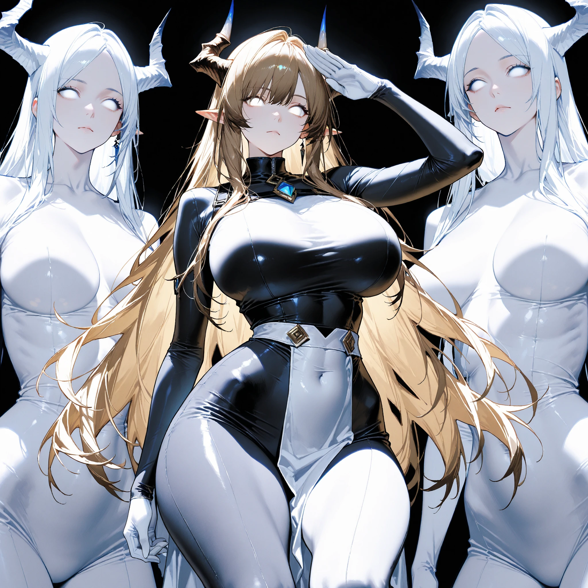 (masterpiece,best quality,ultra-detailed),3girl, pointy ears, black horns,delicate:1.2, horror,beautiful, mystical, surreal,(seductive),((pale skin)),(25 years old), (white hair),((black sclera)),dark yellow eyes,((dust theme)),small breasts,big breasts,(loli and milf)
