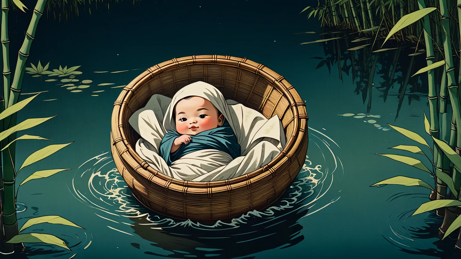 Wicker basket being placed in the Nile River with the baby in it, in biblical times