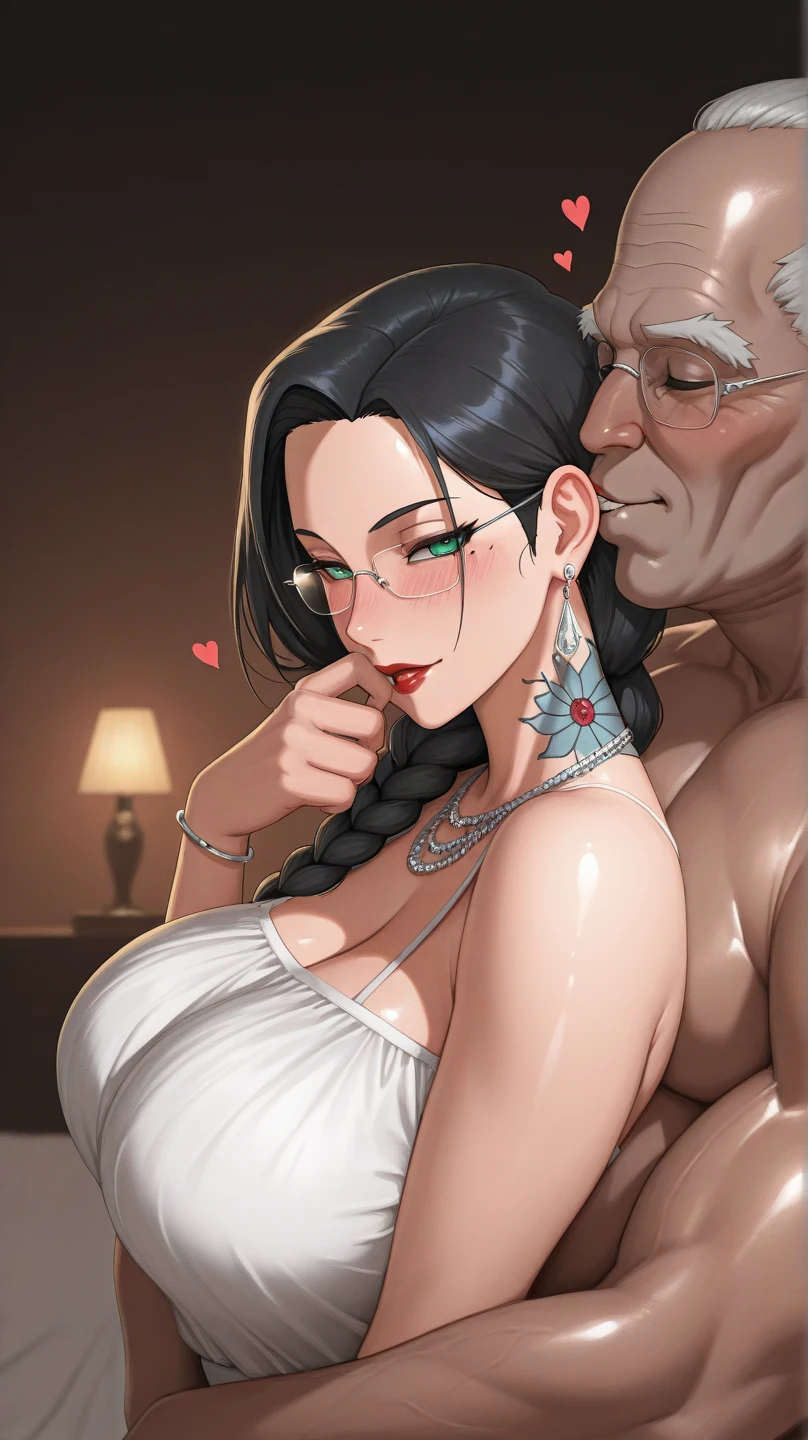  nari mature beautiful milf hugging with big ugly fat old man , mature body breasts  , voilet hair  , hair braid with blue ribbon,saggy big breasts,long silver butterfly chandelier earrings,red lipstick , blinking on eyes playfully, oily sweaty skin, detailed red alluring eyes, detailed image ,white apron,