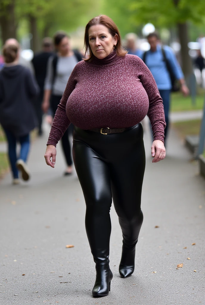 fine art portrait of a very sportive 40yo European lady, walking alone in the dark forest, mild and self-confident smile, highest quality, sexy face high resolution, Eleonora Pavinat 40yo old, woman, loose, white turtleneck sweater, hiking trousers, hiking boots, woman with (extremely huge breasts:1.4), slim waist, wide hips, extremely erotic lady