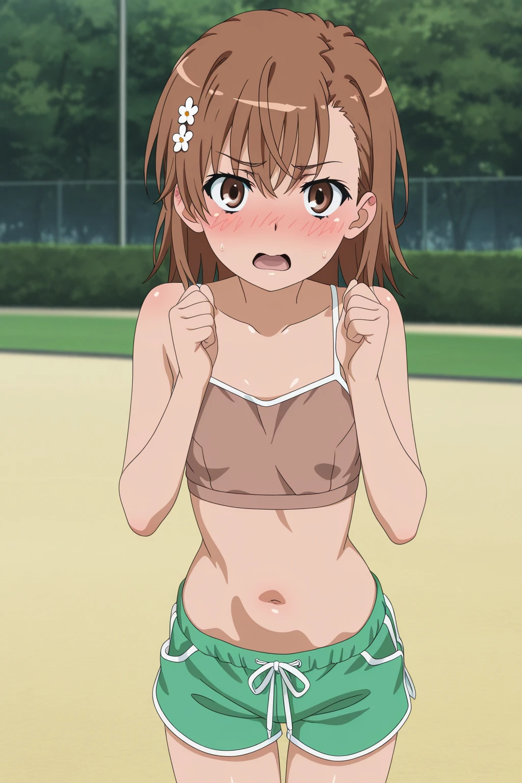 ikazuchi (KanColle)Default(super flat, flat shading), 1 girl, I'm 11 years old,baby face,small sweater,(?????),very short stature,very thin limbs,strong sunlight,positive,small,Petya pie、Precise and detailed reproduction of the ultra-thin thigh skirt,fine clean cracks,small ,school playground,smile,(Always accurate, Detailed and clean fingers:1.3),blush very much,summer vacation,bright,bright色, anime style picture, ghibli style,bra,panties,skirt lift,,((nsfw))