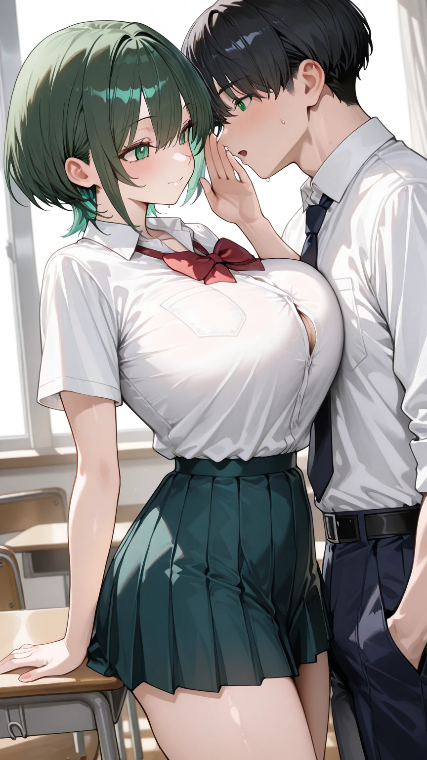 masterpiece:1.3、ultra high resolution:1.3、uncensored,1girl, sitting on bed,(gray knee-high  socks),G cup、full body、beautiful silver bob hair、sexual excitement、erotic、blush、real moist skin、Stuffy、wet、cute、fashion,( blazer, miniskirt)、1boy,penis,nursing handjob,breast sucking,penis,nipples,lactation,(red ribbon ), white shirt,check pattern green skirt,faceless male,cum,