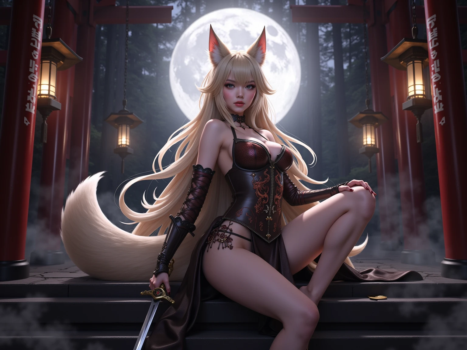 (best quality, 4k, 8k, highres, masterpiece:1.5), 1girl, ultra-detailed, detailed face, detailed lips and eyes, realistic in the Style of Boris Vallejo,
BREAK BLARKY beautiful caucasian woman with very long straight white hair, (yellow eyes:1.4), fair skin, expressive face, attractive appearance, animal ear fluff, animal ears, extra ears, fox ears, fox girl, fox tail, long hair, bangs, hair between eyes,
BREAK [:(1 woman, solo:1.5),
BREAK (beautiful eyes:1.3), medium breasts,
BREAK (standing in Sengoku period samurai armor:1.3),
BREAK (blush:1.2), smile, (open mouth:1.2):7],
BREAK (wielding a shining (long Japanese sword:1.2):1.3), sheath, holding sheath,
BREAK (masterpiece background), (sense of depth), (depth of field), dynamic angle, (dark fantasy:1.4), (dark background:1.3), outdoors,
BREAK [:(red:1.2), (hakama:1.3):1.3]