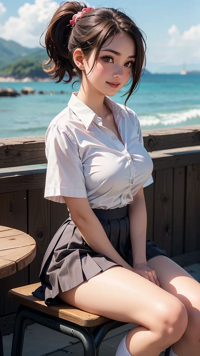 18Year old girl、A uniform skirt fluttering in the wind、Beautiful feet、cloud、((Thighs, thighs, thighs))、Big ample breasts、smile、White shirt、Wide open chest、(Butt)、short hair、 information、Cloud、coastal、