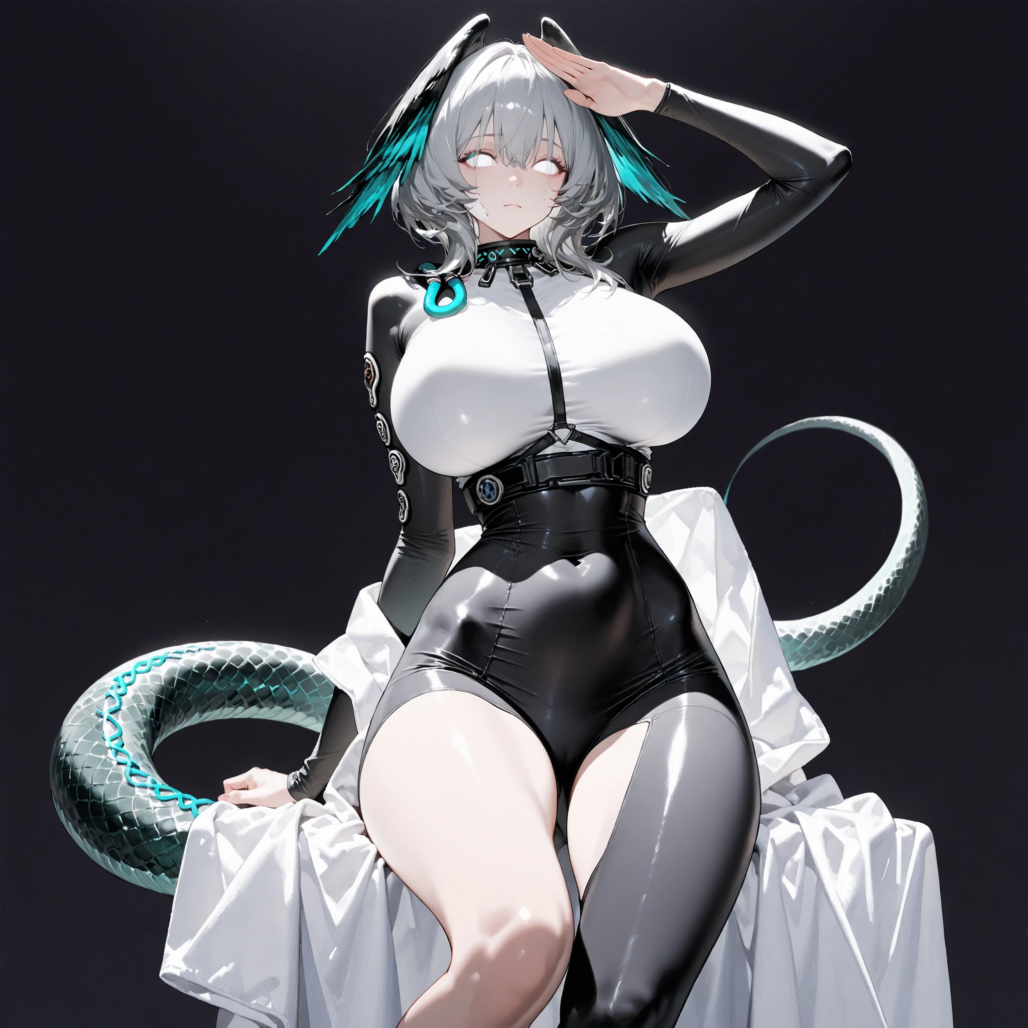 ​masterpiece, top-quality, Hi-Res, (((((Evil Fall))))),(((((((Creatureization))))))), (((((Parasitized))))),(((tentacle clothes))), (((Leotard))),(Hollow eyes), (((Colossal tits))), (((neck tie))), ((Enamel material)), ((Glossy material)), (((1girl in))), ((独奏)), (((Standing picture))),Remu(Re:Life in another world starting from scratch), Blue hair, white thighhig, (((short-hair))), blue eyess, Hair above one eye, ((frilld)),  ((garter strap)),full-body view,deadpan