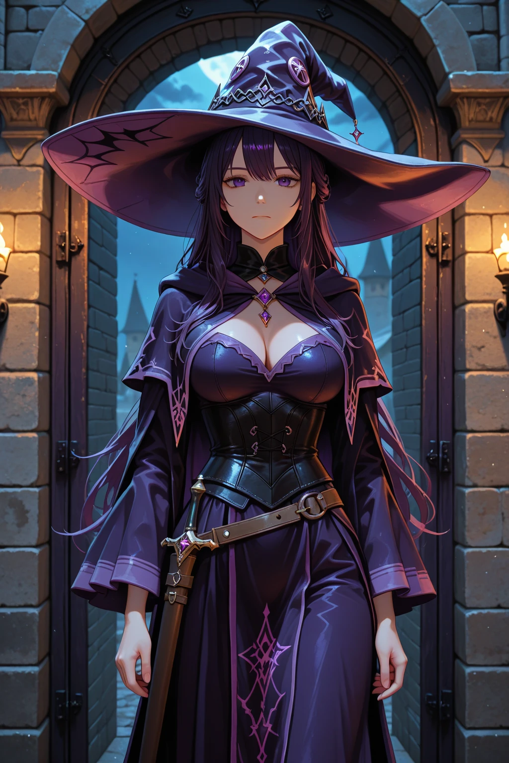 purple clothes, gold thigh garter, witch in strapless dress, layered skirt, lustrous dark skin, glowing eyes, castle ruins background