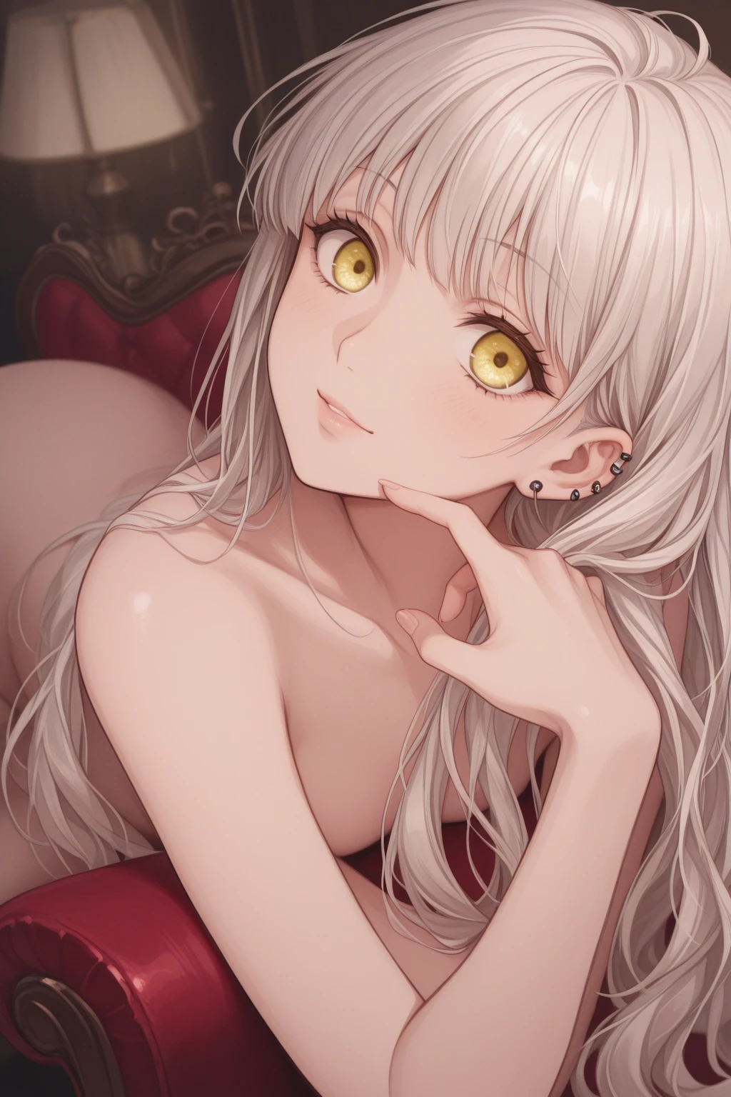 (Confused, High resolution, Very detailed), 1 female, Silver Hair, Long Hair, Reddish brown eyes, Nude, nipple, pussy, Large Breasts, spread legs, orgasm face, secretary, Low Ponytail, 24th generation, Beautiful woman, mature, quiet, Calm, A small smile, Luxurious Room, bed, pussy juice,