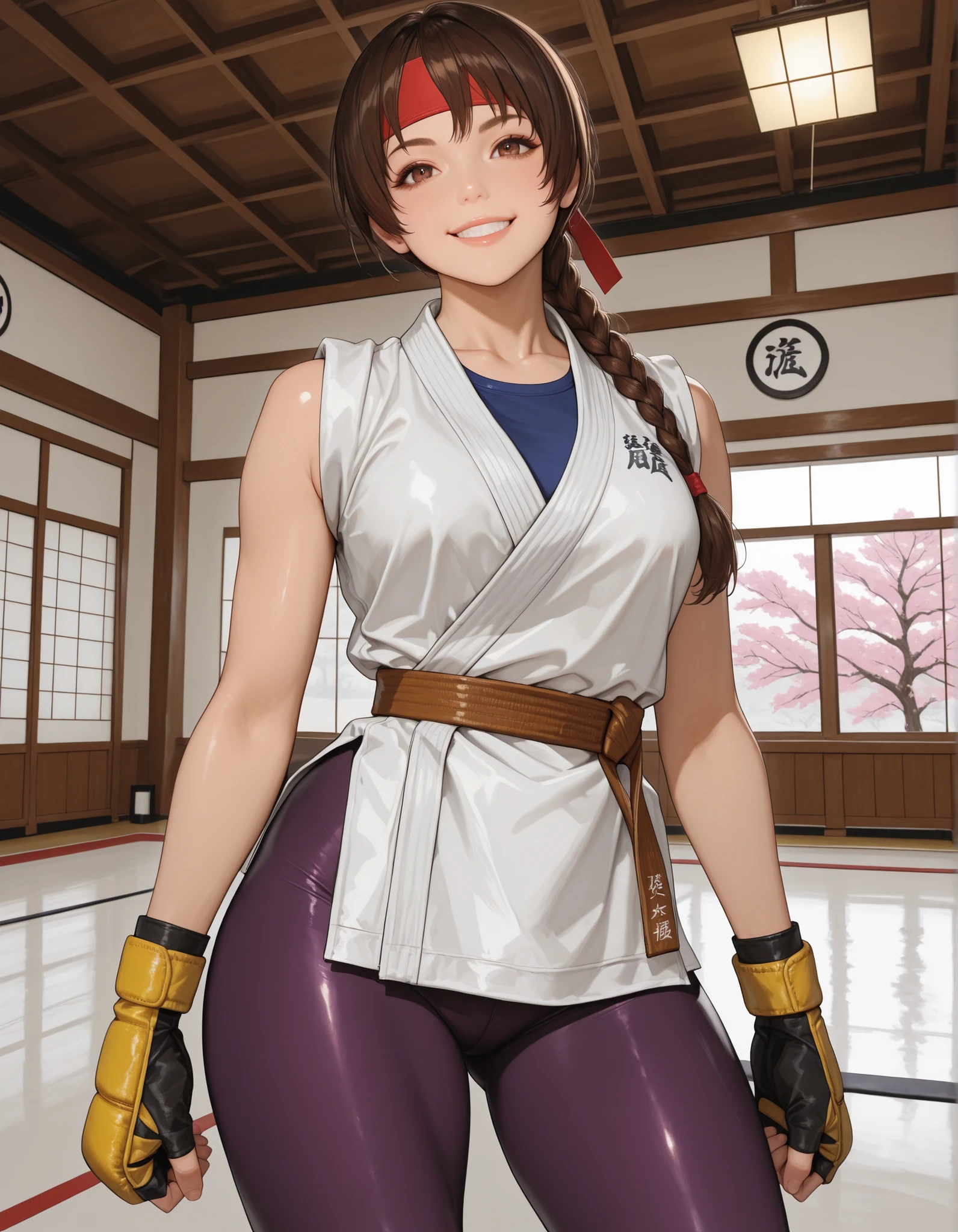 masterpiece, best quality, amazing quality, very aesthetic, absurdres, newest, (scenery, volumetric lighting), 1girl, solo, YRISKIKOF, brown hair, single braid, brown eyes, red headband, dougi, blue undershirt, yellow mma gloves, martial arts belt, purple leggings, cowboy shot, smile, dojo, sakura tree, looking at viewer, thighs, indoors, legs