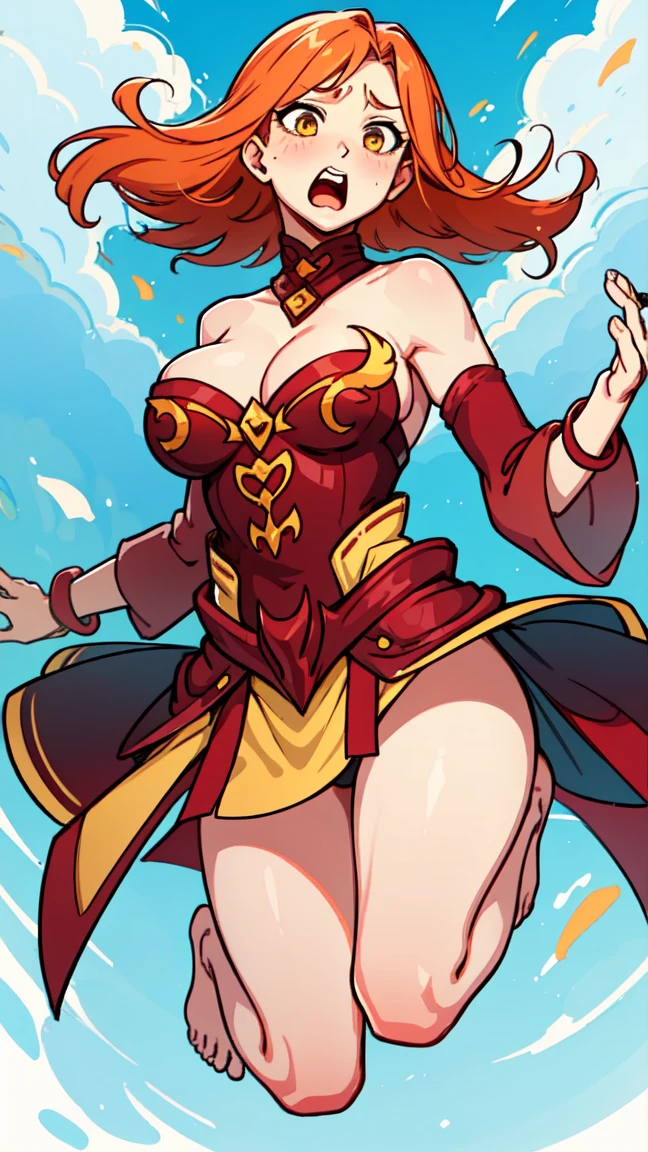 Mucha's style,Big-breasted girl with a full view of her pussy,Sexy poses,Arcaniic smile,Red short-haired, one-eyed woman,(Medieval female heavy armour)),(Mucha in the background)