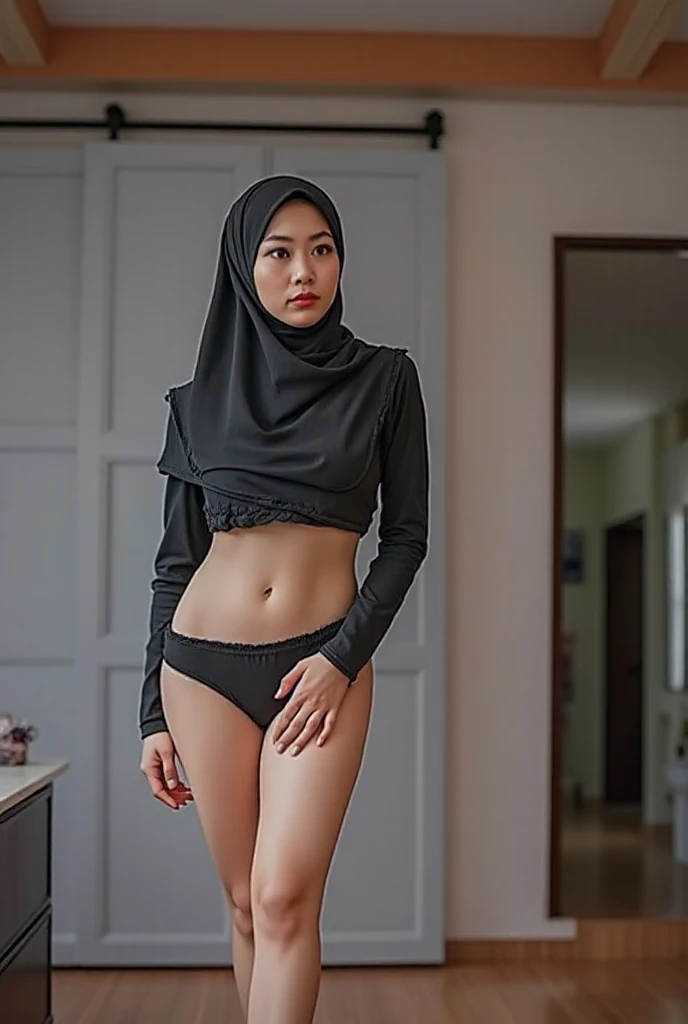 ((Masterpiece, high resolution, 8k)) 15 year old girl (petite, flat chest), black color hijab, in sheer tight underwear, in an Arab city, 