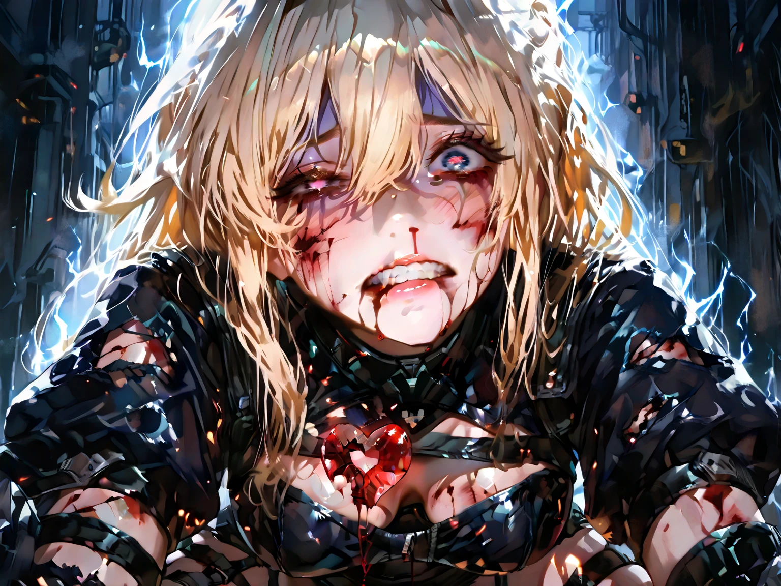 dark, horror, psycho, ????, creepy, blood, head split, disfigured, brutal, blood, bloody, ????????, r18, insane, woman with a blonde bob and blue eyes, lying on deadly spikes, impaled, in pain