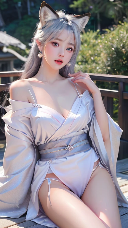anime style, (masterpiece:1.35),(bestquality:1.4), 8k,ultra-detailed, photography, (ultra-realistic:1.4), film grain, Fujifilm XT3, female focus, mature female, (sexy Asian female:1.45), adult, looking at viewer, bare shoulders, blush, open mouth, fresh lips, detached sleeves, earrings, fingernails, hair between eyes, hair bangs, silver hair, very long hair, detailed realistic hair, symetrical hair ornament, japanese clothes, kimono clothes, detailed realistic clothes, jewelry, yellow gemstone, detailed jewelry, short dumbbell neck, neck garter, leather necklace, plump breasts, (breast cleavage)!!, super seductive temptation, open skirt, see through stockings, smooth thighs cleavage, garter thighs, armpit, erotic, nontraditional ningguang, yellow eyes, detailed eyes, (homochromatic eyes)!, cherry blossom, sidelocks, (Lying on bed)!!, ningguang \(genshin impact\), (correct anatomically)!!