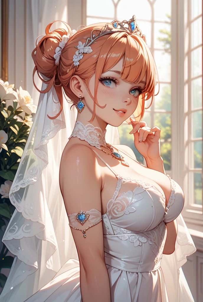 ((unity 16k wallpaper, masterpiece, best quality, ultra-detailed, extremely detailed CG, caustics, cinematic lighting, detailed, beautiful detailed eyes, NSFW: 2.0, 30 years old, dynamic pose)), Ultra high resolution, ((cleavage)), fine skin, (cute: 1.2), collarbone, ((JPOP idol)), ((attractive)), (paul white wedding dress: 2.0, wedding veil, wide prairie: 2.0, wedding, bride, holding one bouquet with both hands: 2.0, orange hair))