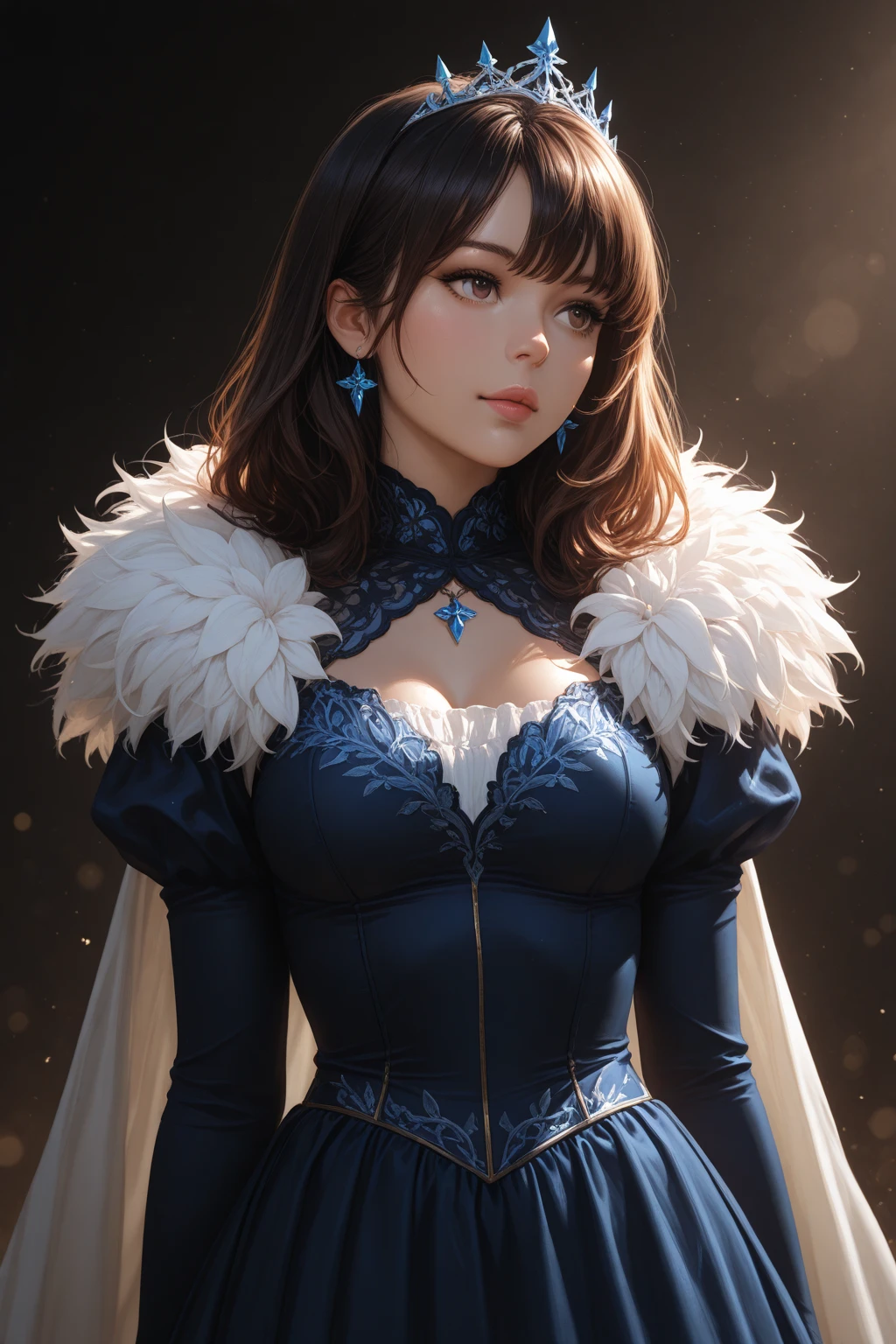 Priestess, mature woman, elegant, brown hair, blue eyes, casual clothes, crown, white cape, fur trim, portrait, upper body, curvaceous, 4k resolution, high quality,skirt lift,show off pink panties,