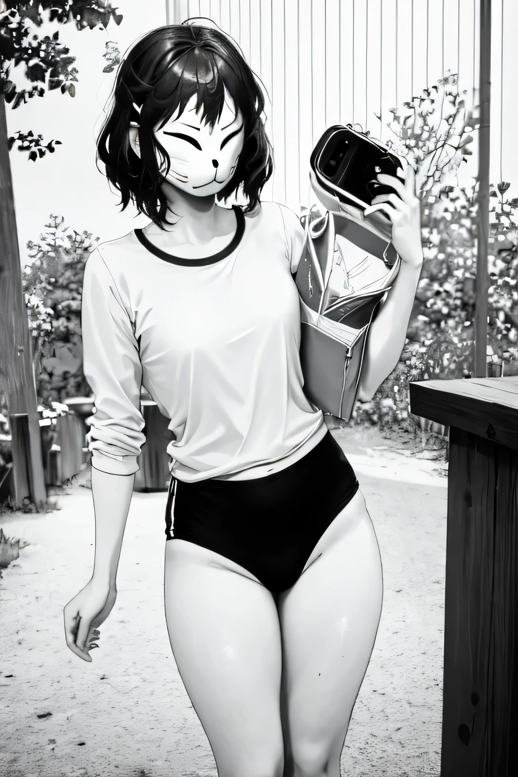 monochrome,anbu,1girl,medium hair,black hair,wearing a black gymnastics bloomers,highleg,self wedgie,white blouse,standing,torii,solo,