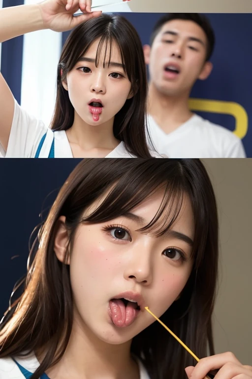 Korean,8-year-old,,woman,Show only the face,A scary smile,Open your mouth and eyes wide,stick your long tongue out of your mouth