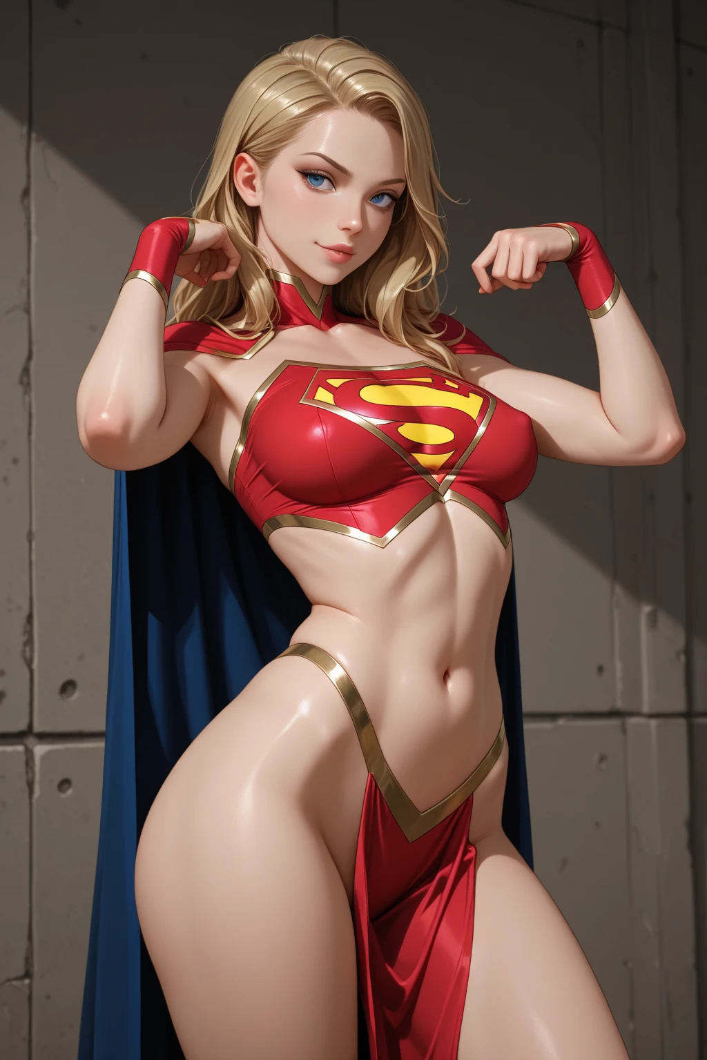 nsfw: 1.5, masterpiece, best quality, high quality, high definition, high quality textures, high quality shadows, high definition, beautiful details, highly detailed CG, detailed textures, realistic representation of faces, realistic lights, colorful, delicate, cinematic, sidelights, lens flares, ray tracing, sharp focus, supergirl, ((best quality, masterpiece, absurd, 8k)), 1 girl, solo, 21 years old, Supergirl (Helen Slater), medium -big breasts, side view ;1.4, long hair down to her hips, long hair, low hair, voluminous hair, white skin tone, green eyes, bright and expressive eyes, she is supergirl, ((nude)), blush, expression embarrassed, shy smile, building terrace, day, beautiful, young woman, hands behind) (1girl, __focus__:1.3), (intricate details, makeup, PureErosFace_V1:0.5), (delicate and beautiful face with details, Beautiful delicate eyes in details, perfectly proportioned face, dense skin, ideal proportion of four fingers and one thumb, arms under the chest, wide hips, flat upper abdomen, slim, dressed, blonde: 1.3), bed, no hands, (( nude))