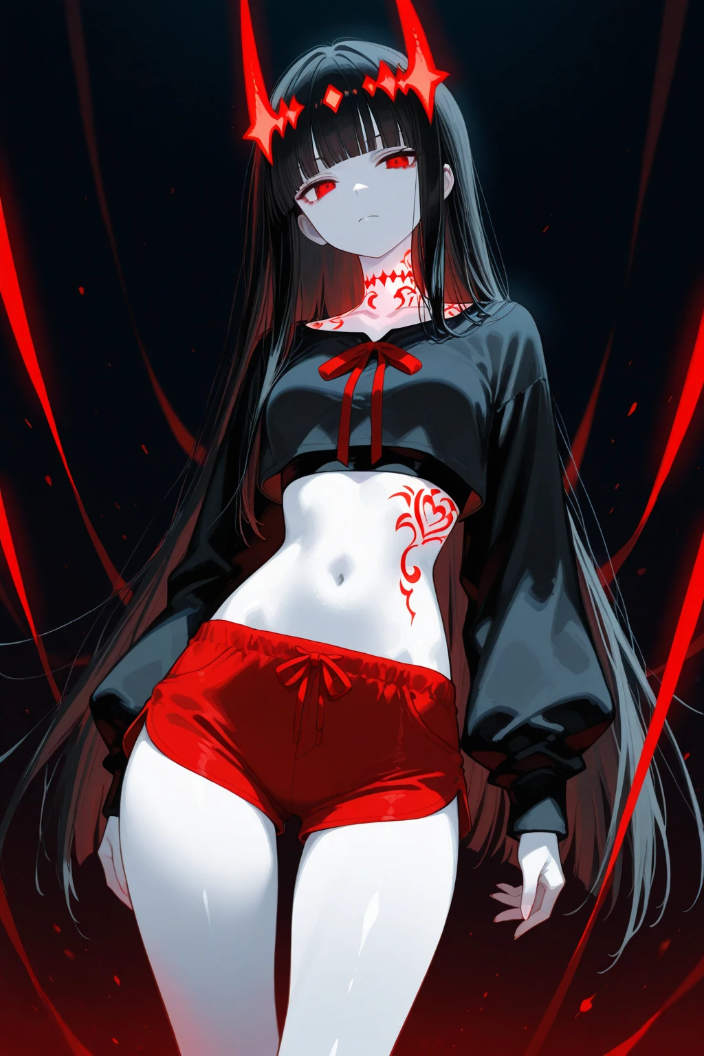 vampire girl, pale skin, (dark red theme:1.5) absurdres, (looking_down:1.2) black hair, black_pantyhose, one eye covered, bangs, crazy red eyes, cocky smile, open mouth, fangs, in ectasis, crimson magic atmosphere, (legs_together), hands_on_lap, own_hands_clasped, (best quality:1.2), (absurdres:1.2), (detailed background) 4k, hdr, masterpiece, blushing