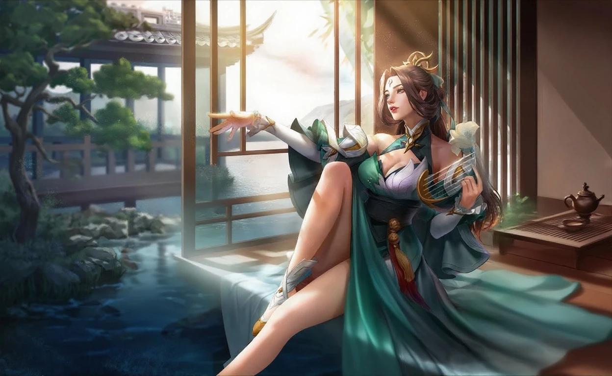game illustration, bird, 1 girl, flower, hair accessory, water, sitting, cross legs, green dress, dress, anklet, barefoot, lotus, bare leg, soaking feet, tree, long hair, brown hair, hair flower, leg, outdoor, branch, water lily mat, sky, brunette hair <lora:CG :0.8>
