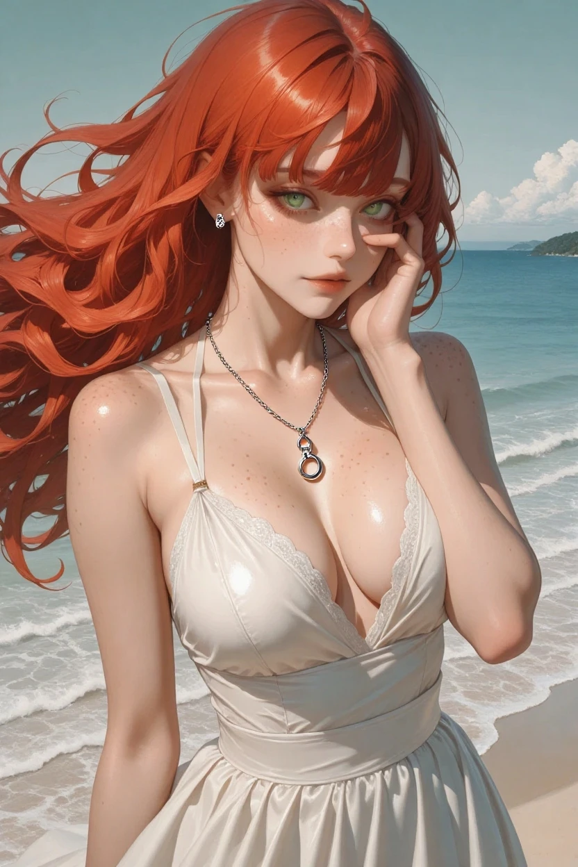 a beautiful redhead with long wavy hair, light green eyes, accentuated lips, freckles on her face, angelic look, very beautiful,