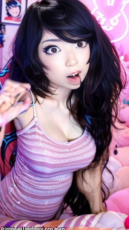 (8k), blush, cleavage,, red eyes, red fingerless gloves,glowing aura, natural light, masterpiece, glossy skin, juicy lips ,long hair, cute, kawaii, adorable, reaching up, adult, cuddle, kawaii clothes,random hair style, random clothes, black hair, (((pink streaks in hair))), yellow eyes, ((black hair)), snake, random pose, random background, random action, sexy, hot, nipple slip, full body, random expression